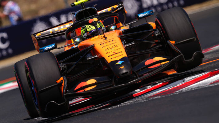 Lando Norris one wheel airborne over the Hungaroring kerbs