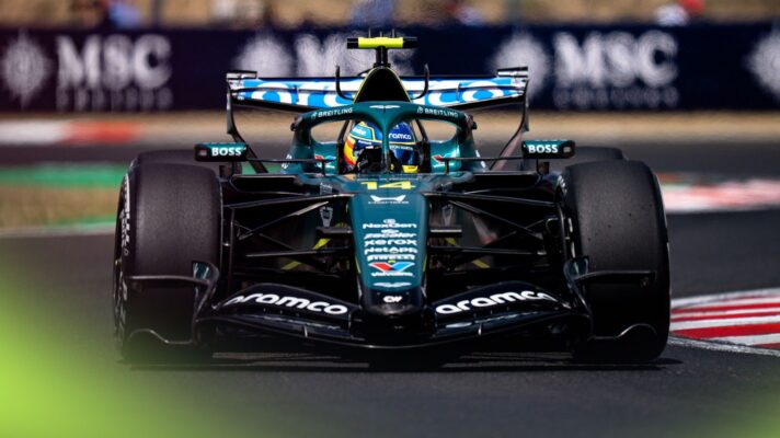 Fernando Alonso driving the upgraded Aston Martin AMR26 at the 2026 Hungarian Grand Prix