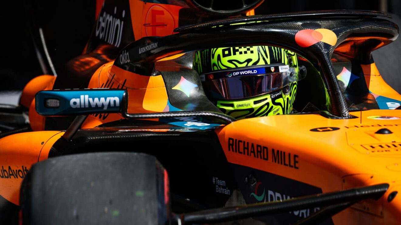 Lando Norris up close in the McLaren MCL40 looking to the side