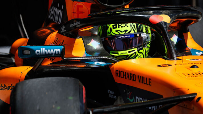 Lando Norris up close in the McLaren MCL40 looking to the side