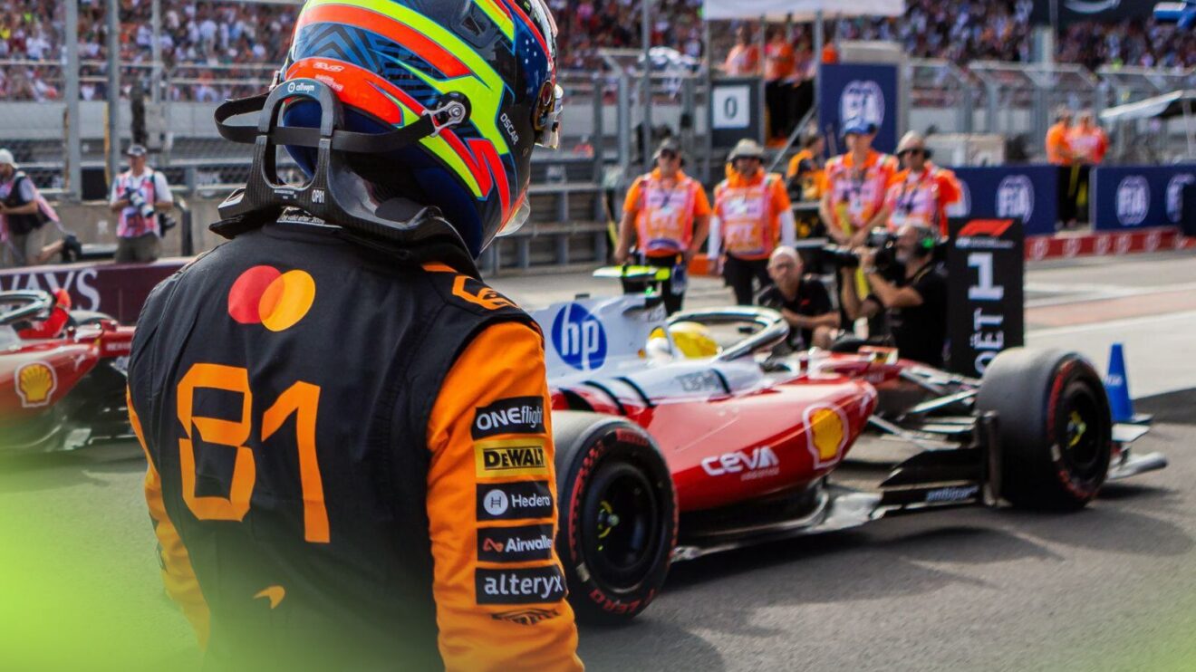 Oscar Piastri, McLaren, looking at Lewis Hamilton in his Ferrari after 2026 Hungarian Grand Prix qualifying
