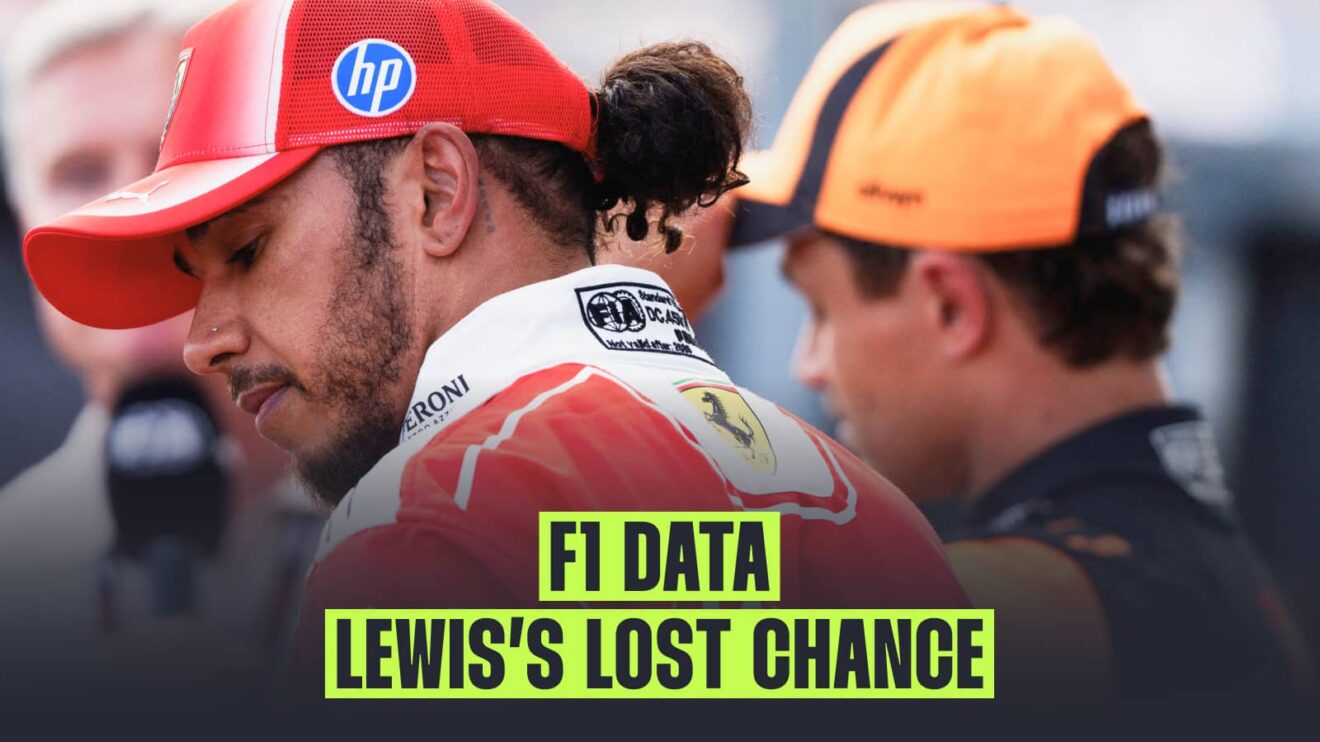 Lewis Hamilton looks disappointed as Lando Norris is interviewed in the background, with a banner positioned centre-bottom reading: 'F1 data, Lewis's lost chance'