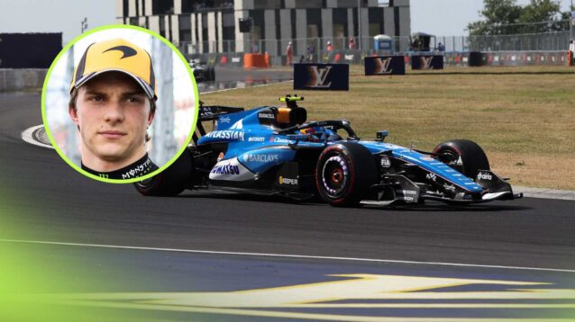 Carlos Sainz rounds Turn 2 in Hungary, with Oscar Piastri inset.