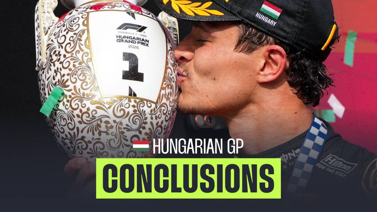 A close-up shot of Lando Norris kissing the winners' trophy with a PlanetF1 conclusions banner positioned centre-bottom