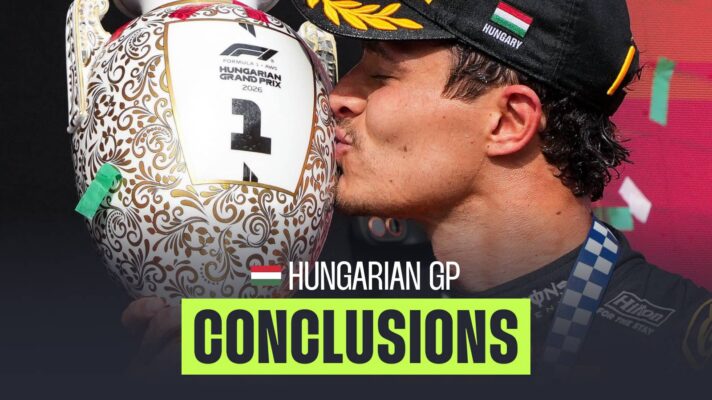 A close-up shot of Lando Norris kissing the winners' trophy with a PlanetF1 conclusions banner positioned centre-bottom