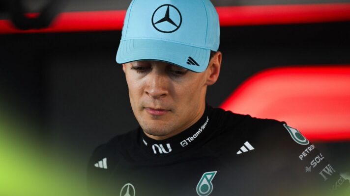 Mercedes driver George Russell looking downwards at the 2026 Hungarian Grand Prix