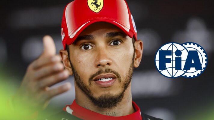 Lewis Hamilton, Ferrari, pictured at the 2026 Hungarian Grand Prix, as an FIA logo appears on the right