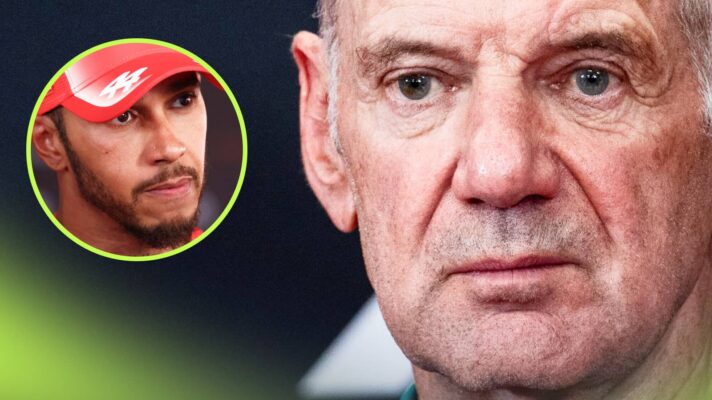 A close-up shot of Adrian Newey with an inset of Lewis Hamilton