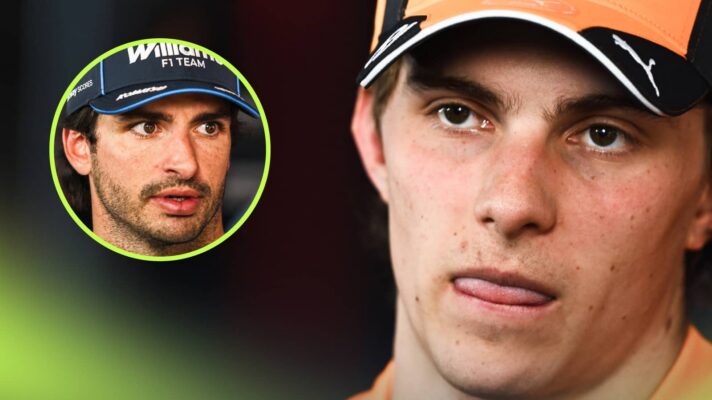 Oscar Piastri sticking his tongue out slightly with an inset of Carlos Sainz