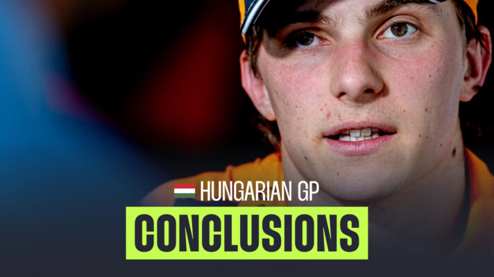 A close-up shot of Oscar Piastri facing the media with a PlanetF1 conclusions banner positioned centre-bottom