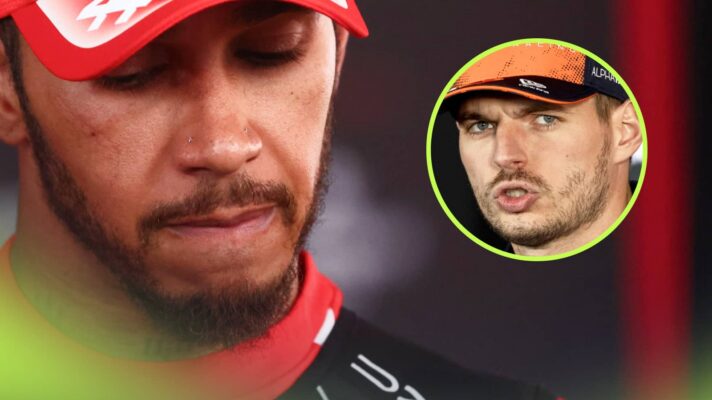 Lewis Hamilton closes his eyes in disappointment with an inset of Max Verstappen