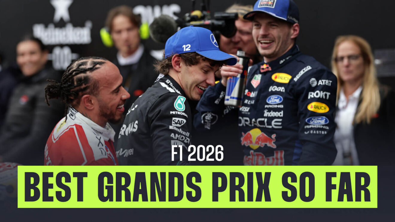 Lewis Hamilton, Kimi Antonelli and Max Verstappen celebrate