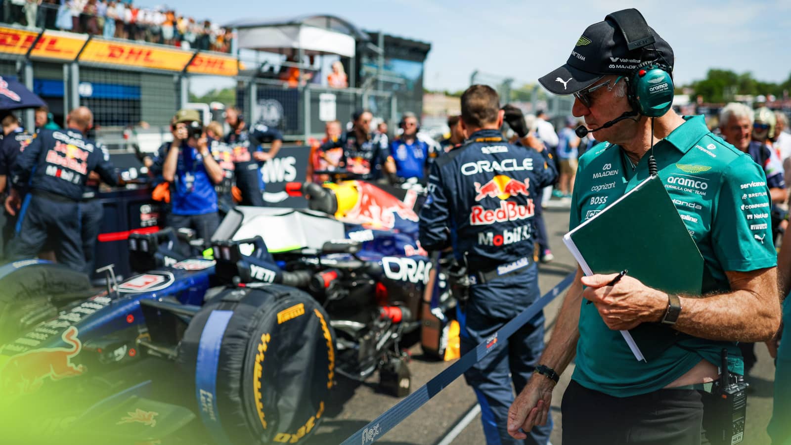 Adrian Newey looks at Max Verstappen's Red Bull on the grid in Budapest
