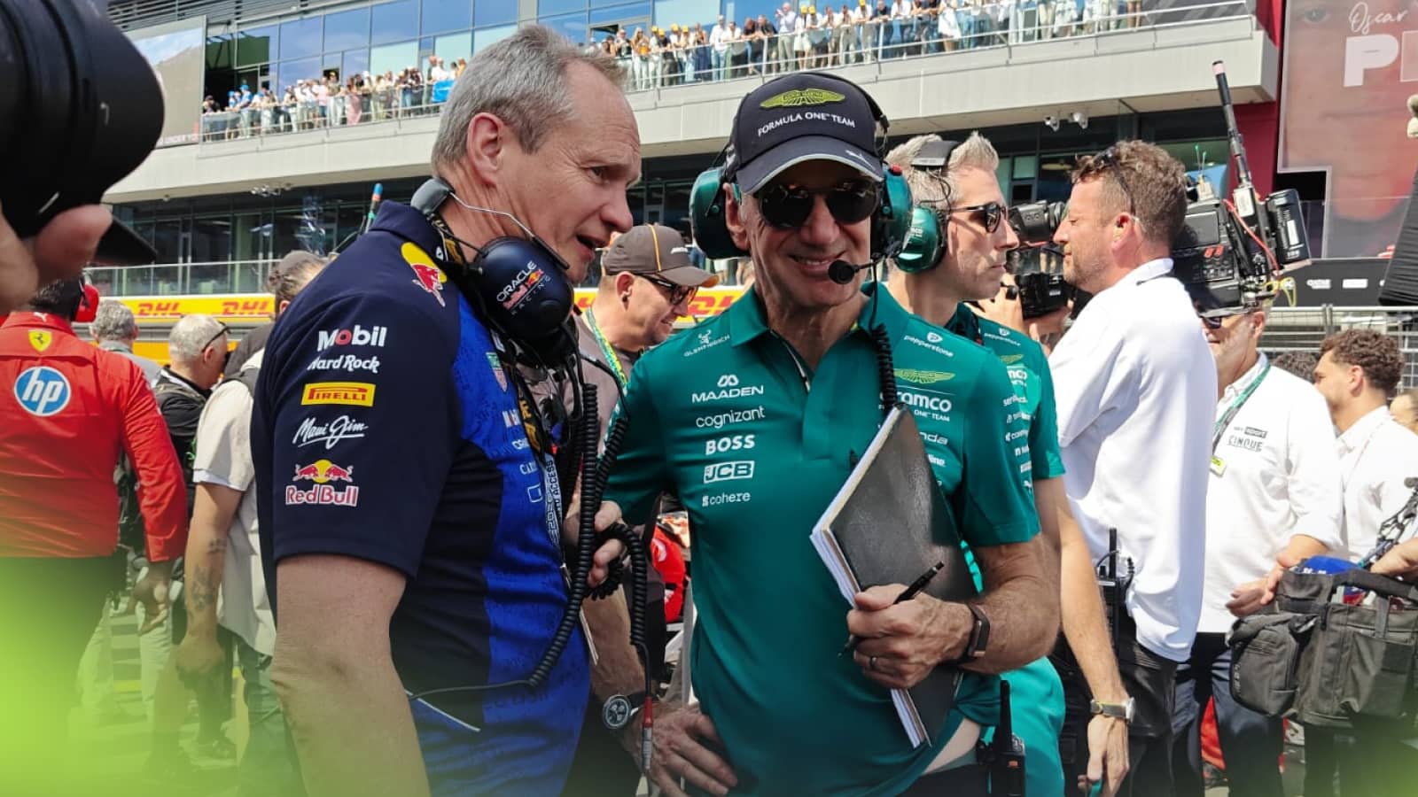 Paul Monaghan and Adrian Newey in conversation on the grid in Budapest