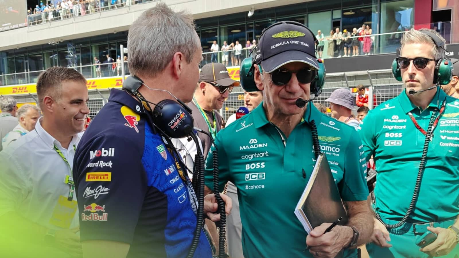 Paul Monaghan and Adrian Newey stood together on the grid in Budapest
