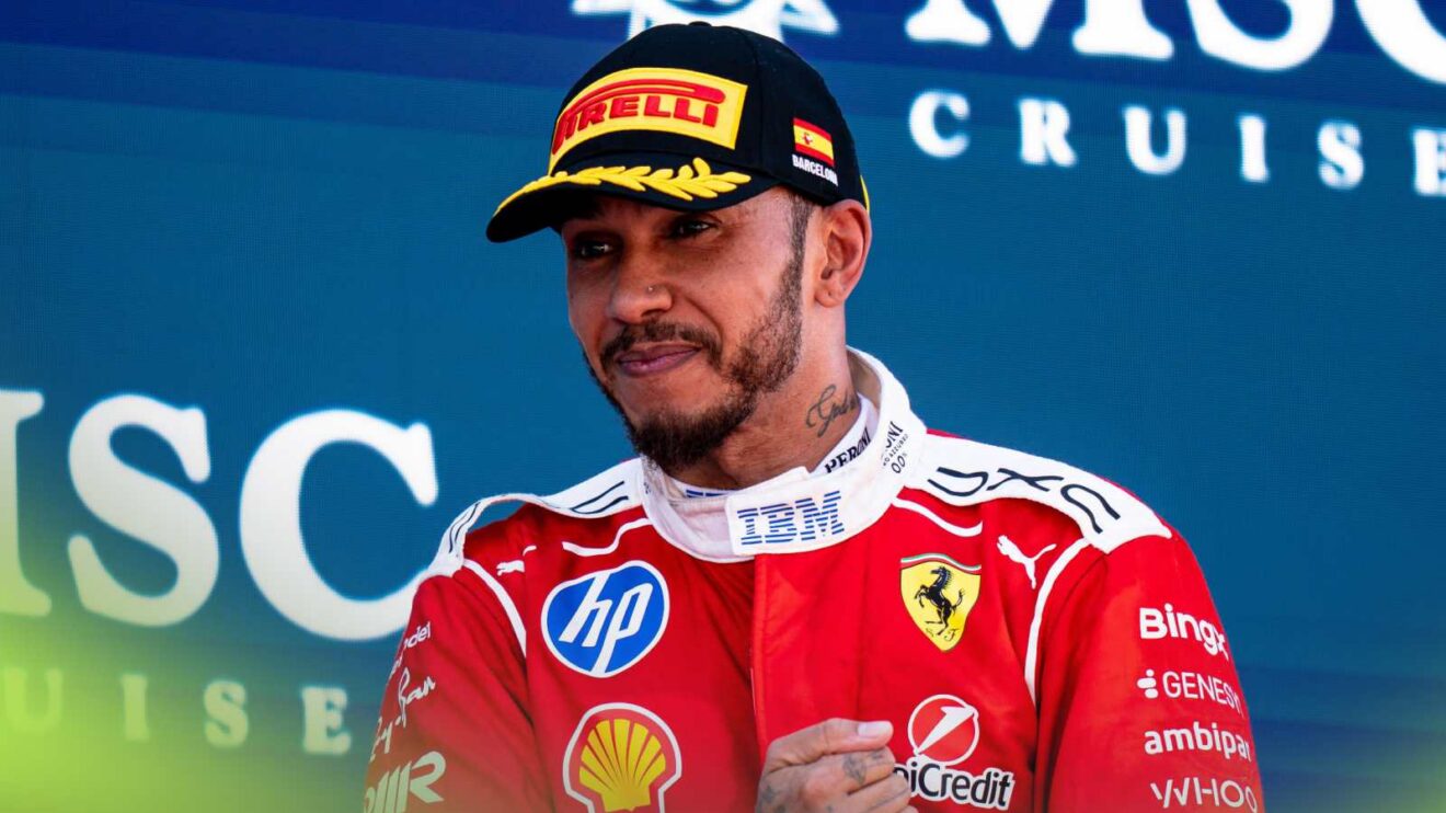 Lewis Hamilton on top of the F1 2026 Barcelona Grand Prix podium.