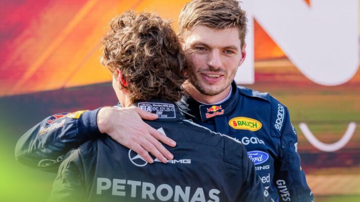 Max Verstappen, Red Bull and Kimi Antonelli, Mercedes, embrace at the 2026 Hungarian Grand Prix