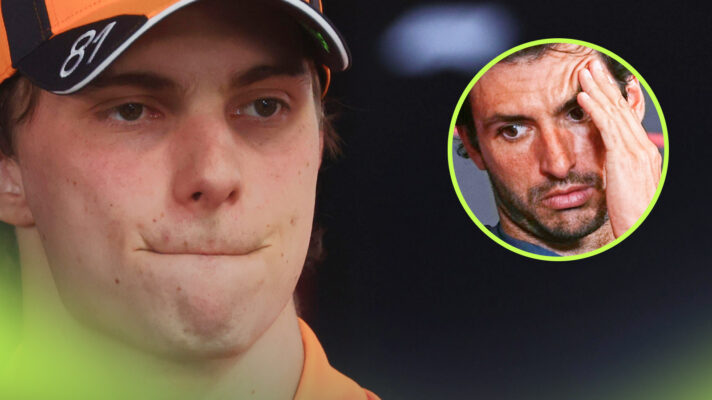 A close-up shot of Oscar Piastri with an inset of Carlos Sainz