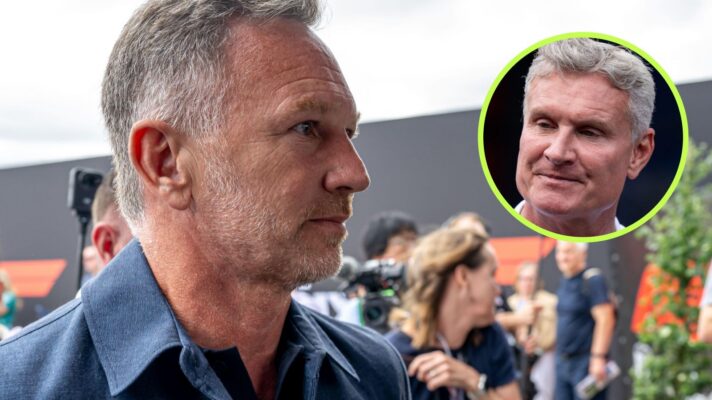 Christian Horner returns to the Formula 1 paddock at the 2026 British Grand Prix, as David Coulthard appears in a top right circle
