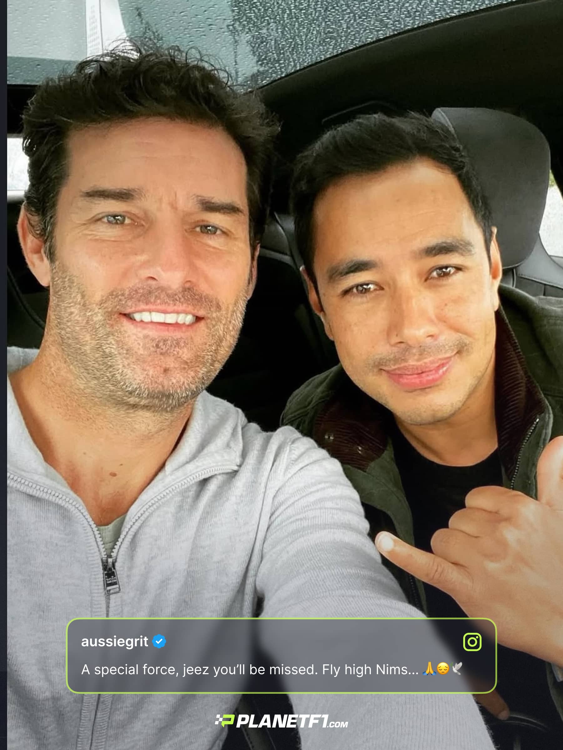 Mark Webber and Nirmal Purja pose for a selfie in a road car