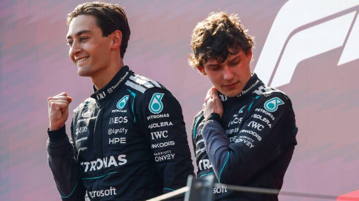 Mercedes' George Russell and Kimi Antonelli on the podium at the 2026 Austrian Grand Prix.