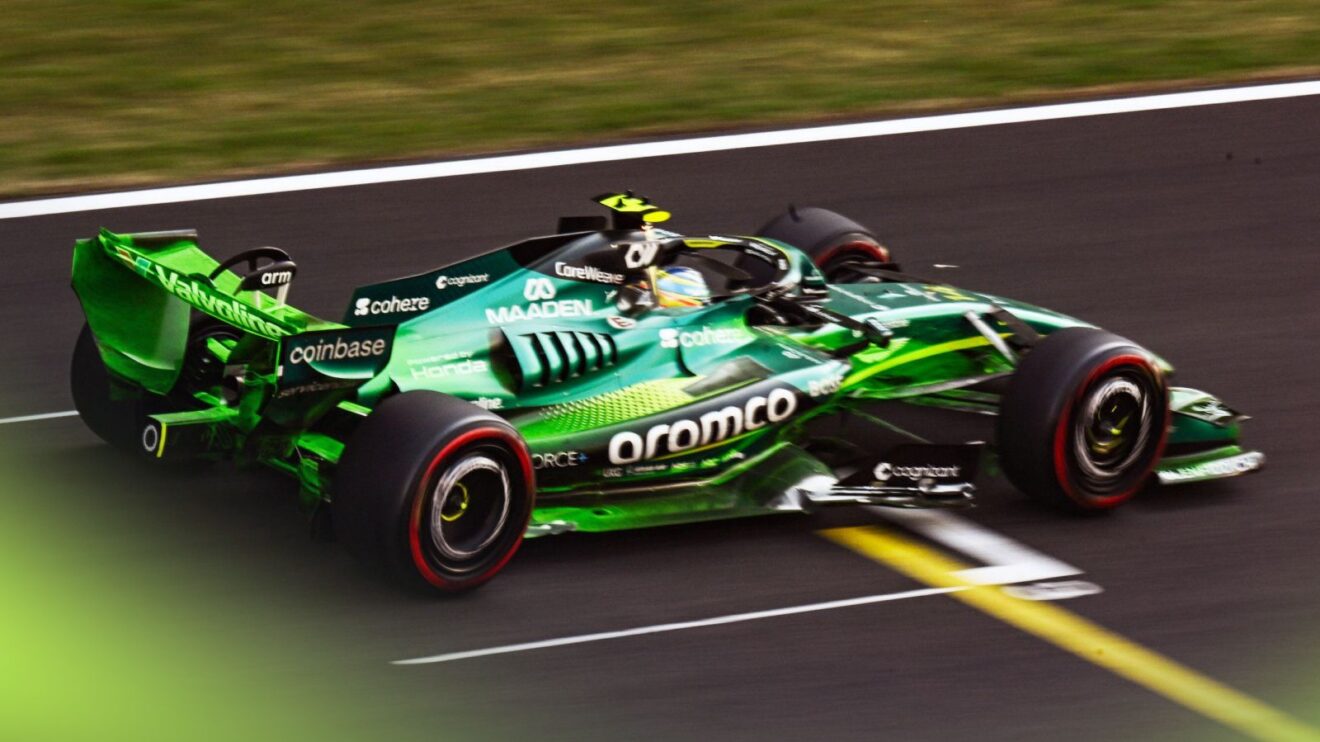 Fernando Alonso driving the Aston Martin AMR26, as seen from above, at the 2026 Hungarian Grand Prix