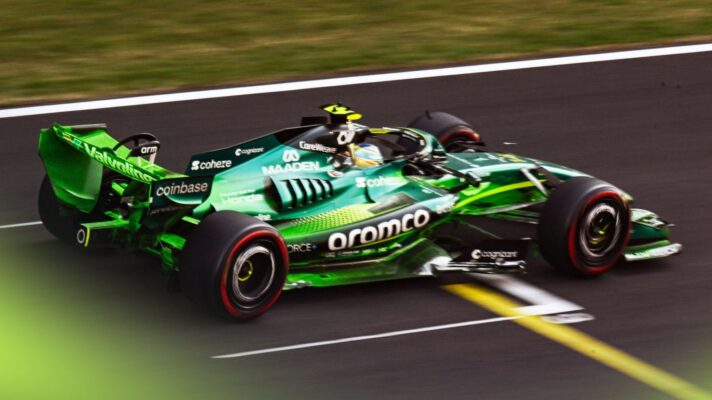 Fernando Alonso driving the Aston Martin AMR26, as seen from above, at the 2026 Hungarian Grand Prix