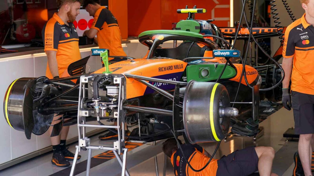 The McLaren MCL40 on its jacks at the Hungarian Grand Prix.