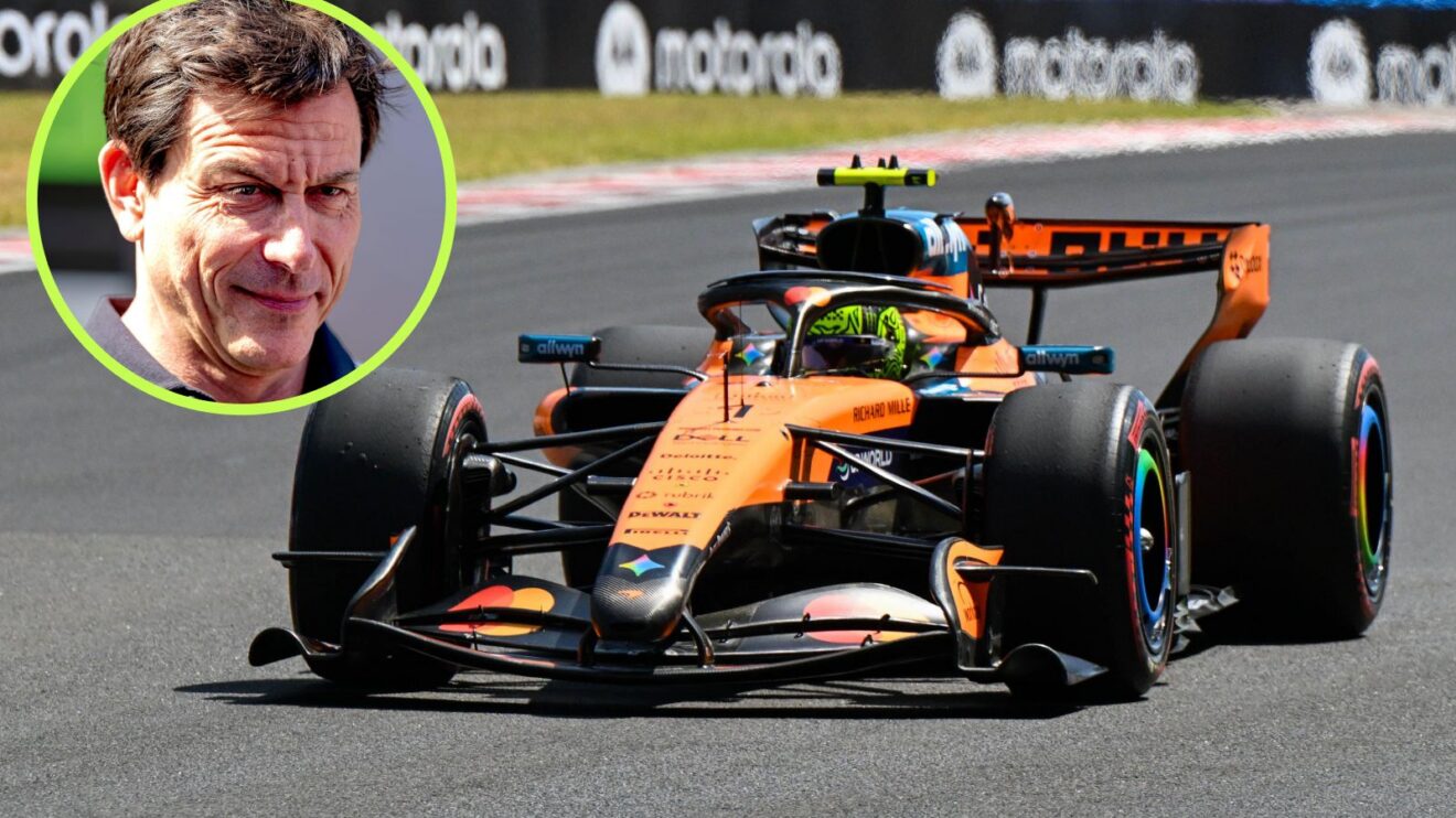 Lando Norris driving the upgraded McLaren MCL40 in Hungary, as Toto Wolff, Mercedes, appears in a top left circle