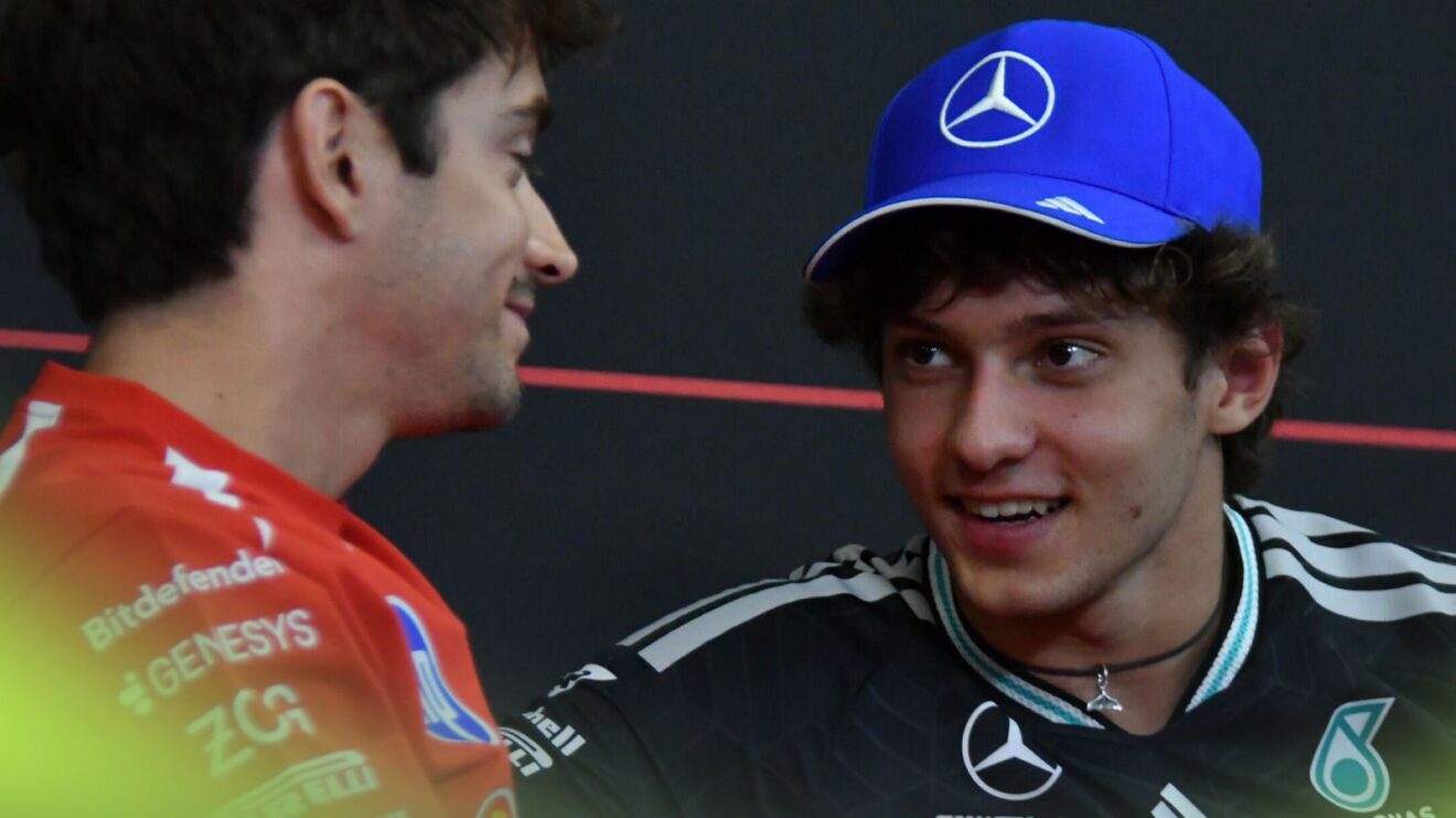 Charles Leclerc, Ferrari, and Kimi Antonelli, Mercedes, speaking in a 2026 Belgian Grand Prix press conference