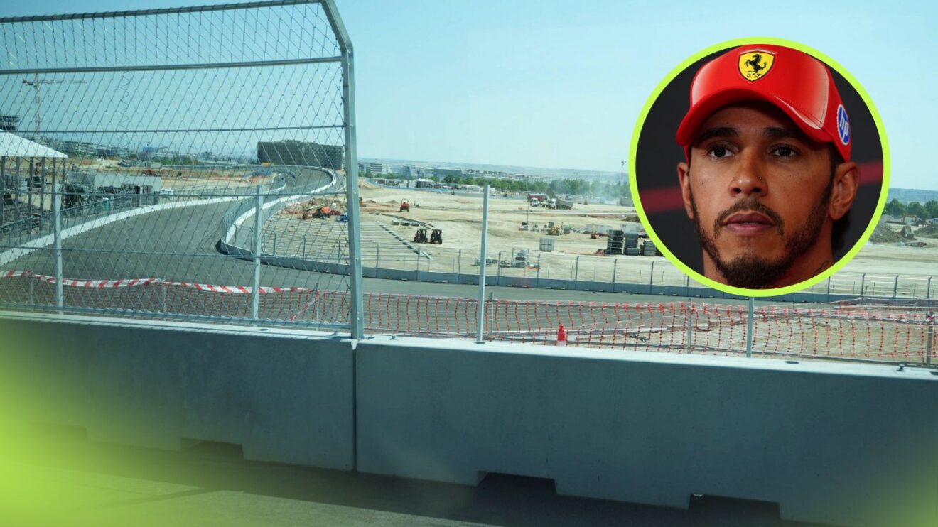 The Madring under construction in 2026, as Lewis Hamilton, Ferrari, appears in a top right circle
