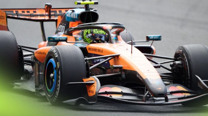 Lando Norris in action driving the McLaren MCL40 at the 2026 Belgian Grand Prix