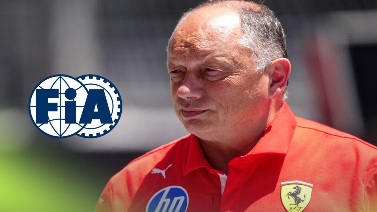 Ferrari team principal Fred Vasseur pictured at the 2026 Barcelona-Catalunya Grand Prix, as an FIA logo appears on the left