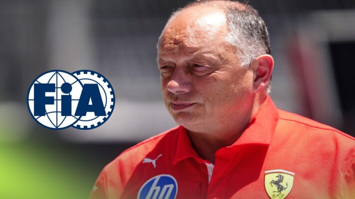 Ferrari team principal Fred Vasseur pictured at the 2026 Barcelona-Catalunya Grand Prix, as an FIA logo appears on the left