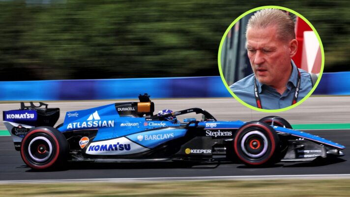 Alex Albon in action for Williams at the 2026 Hungarian Grand Prix, as Jos Verstappen appears in a top right circle