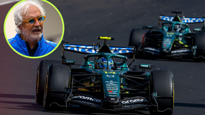 Aston Martin drivers on track, Flavio Briatore in the circle