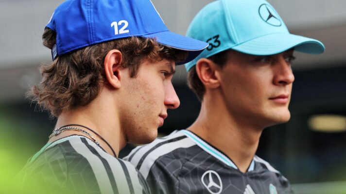 Mercedes teammates Kimi Antonelli, left, and George Russell, right, pictured at the 2026 Hungarian Grand Prix