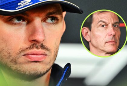 A close-up shot of Max Verstappen in a press conference with an inset of Toto Wolff