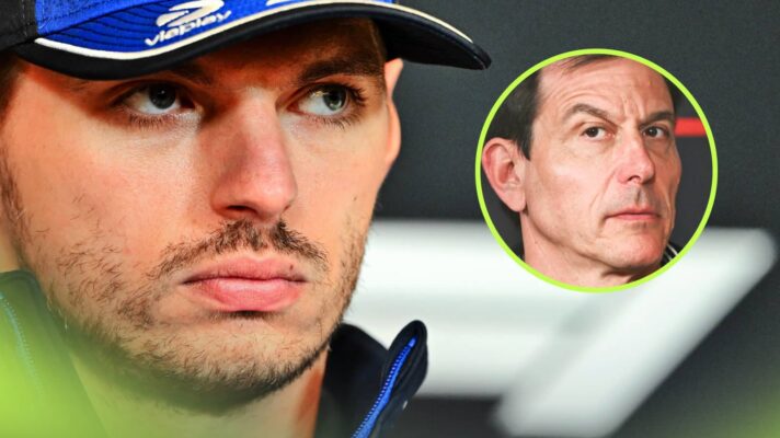 A close-up shot of Max Verstappen in a press conference with an inset of Toto Wolff