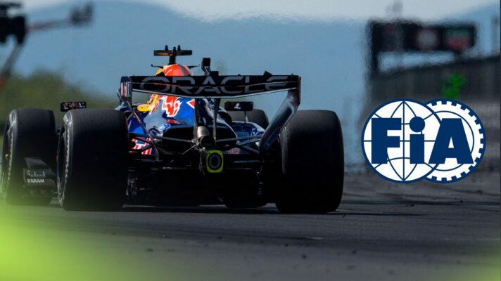 Max Verstappen on track for Red Bull at the 2026 Hungarian Grand Prix, as an FIA logo appears on the right