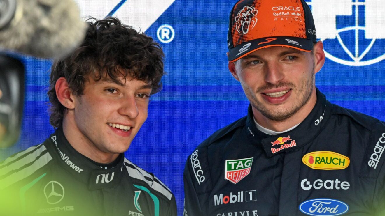 On the left, Kimi Antonelli, Mercedes, and on the right Max Verstappen, Red Bull, pictured at the 2026 Belgian Grand Prix