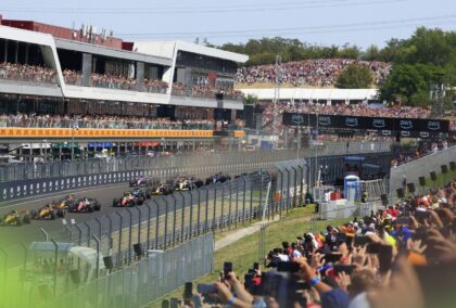 A fan's view of the field racing to the first corner at the Hungarian Grand Prix.