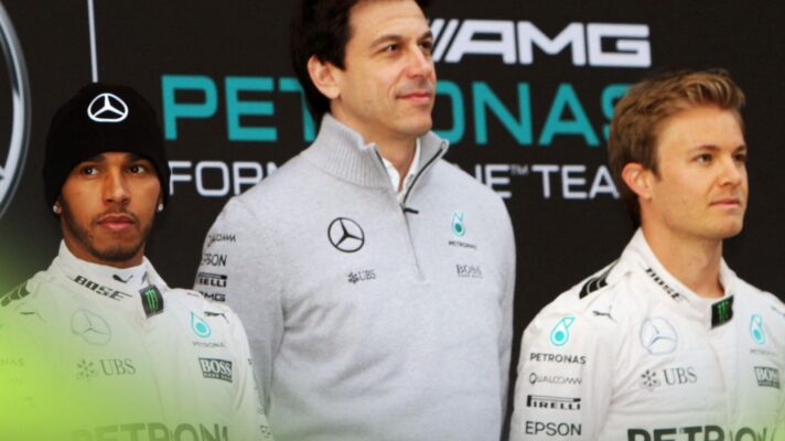 From left to right, Lewis Hamilton, Toto Wolff and Nico Rosberg of Mercedes pictured at Barcelona 2016 testing