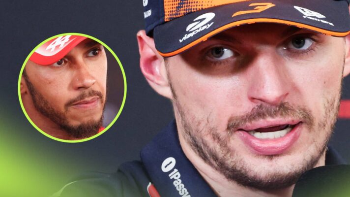 Max Verstappen speaking in a press conference with an inset of Lewis Hamilton