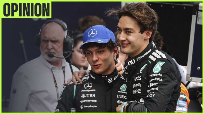 Mercedes drivers Kimi Antonelli and George Russell in parc ferme in Australia.