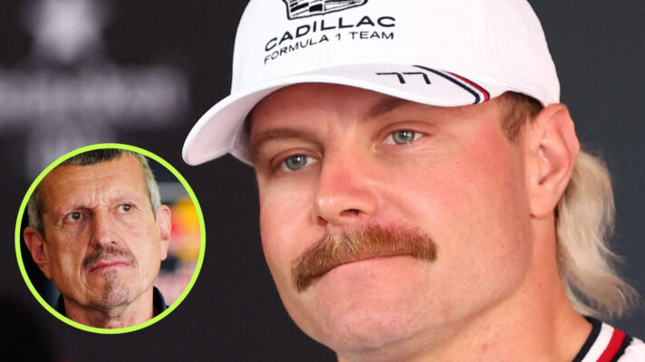 Valtteri Bottas sporting a mustache and wearing a Cadillac cap, Guenther Steiner in the circle