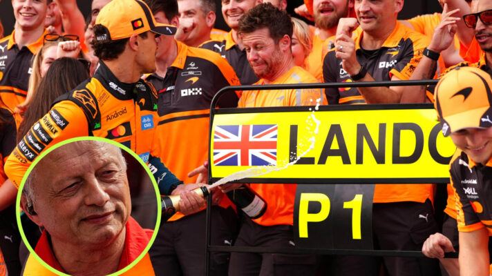 Lando Norris sprays McLaren with champagne after his Hungarian GP win, Fred Vasseur in the circle
