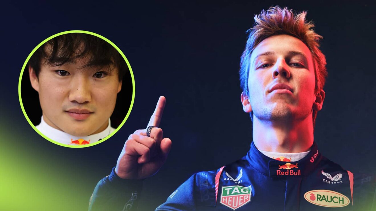 Liam Lawson poses win Red Bull overalls with his index finger raised. An inset of Yuki Tsunoda sits alongside him