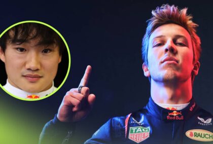 Liam Lawson poses win Red Bull overalls with his index finger raised. An inset of Yuki Tsunoda sits alongside him
