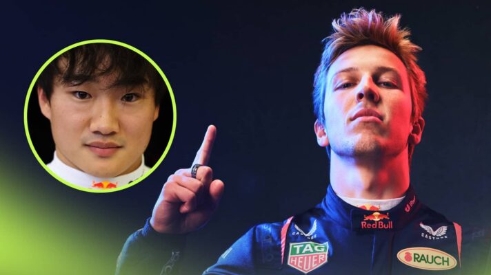 Liam Lawson poses win Red Bull overalls with his index finger raised. An inset of Yuki Tsunoda sits alongside him